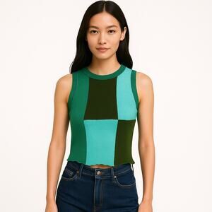 Cider Multicolor Sleeveless Knit Colorblock Crew Neck Tank Sweater Vest Top Sz S